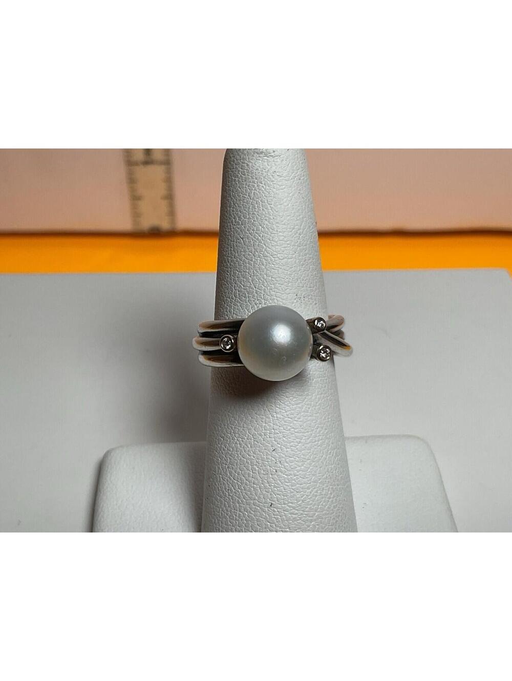 Pandora Woven Splendor Pearl And  14k Diamond Ring Sz 7 Retired